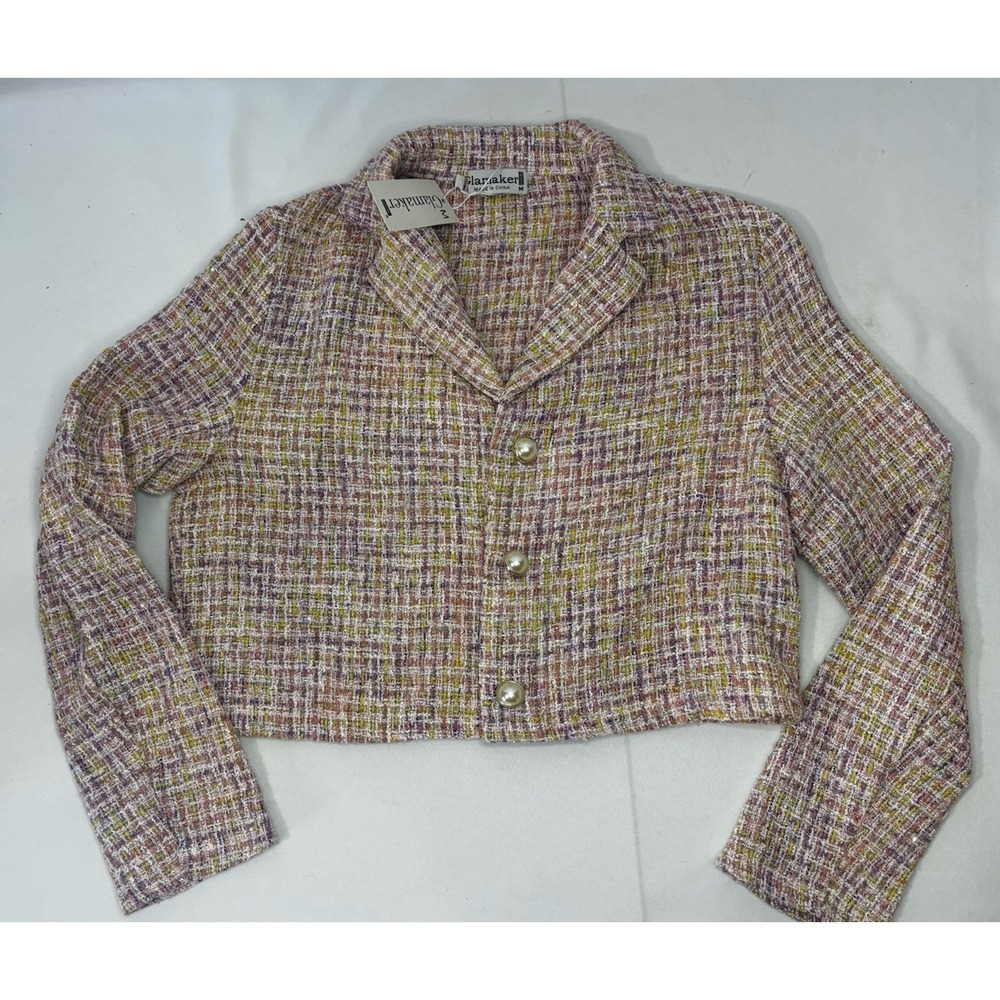 NWT Glamaker Pink‎ Tweed Cropped Woven Blazer Pearl Buttons Size Medium